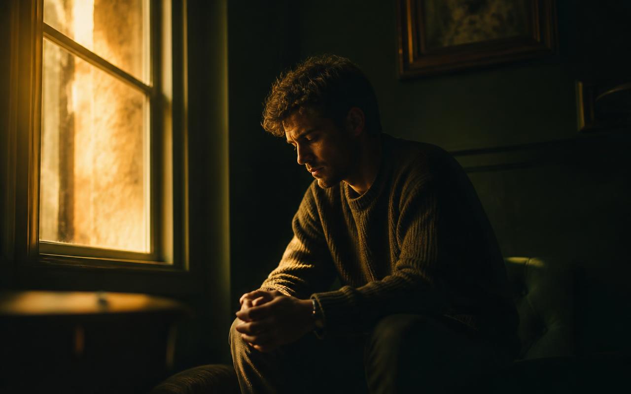 Pessoa em momento de reflexão sob luz dourada, pensando sobre dinheiro e escolhas